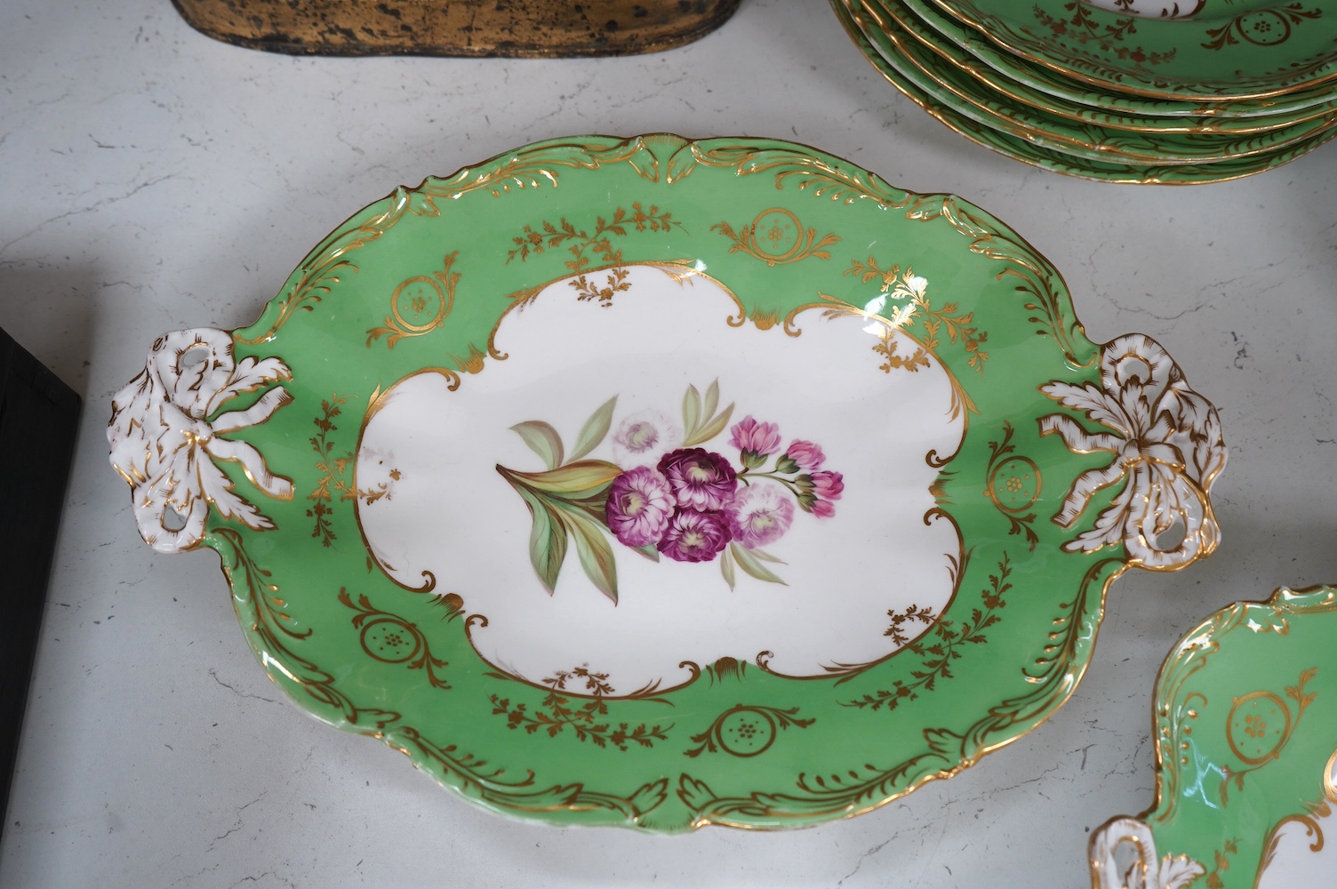 A mid 19th century English porcelain part dessert service hand painted with flowers, largest 30cm wide. Condition - mostly good